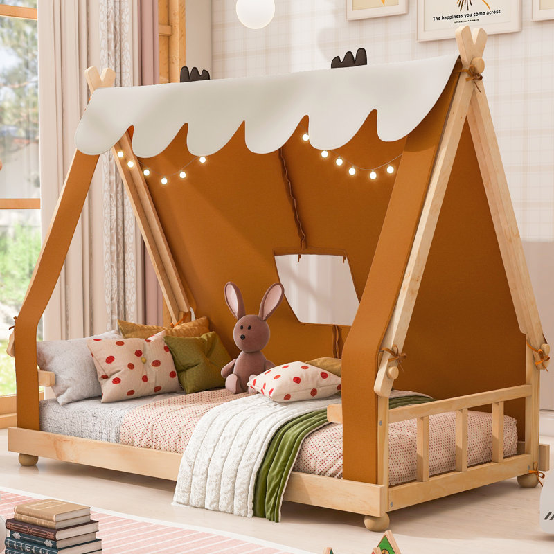 Marion House Bed with Tent, Light & Wooden Frame, Twin, Brown