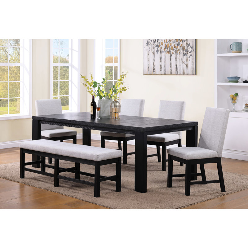 Dining Table - Rectangular Black 18" Extendable Leaf Solid Wood Seats 6 Contemporary For