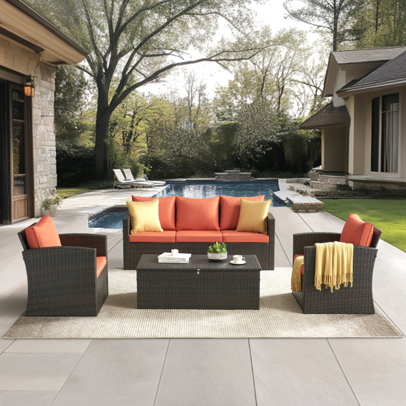 4 - Piece Wicker Outdoor Conversation Set, Orange