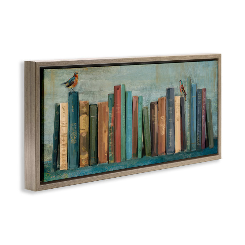 "Livres et oiseaux", peinture sur toile encadrée par Main Line Studio, H 11 po x l 25 po, Brun