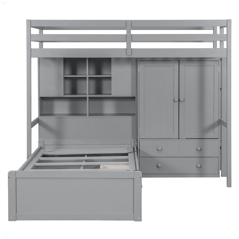 Lit superposé avec tiroirs, garde-robe, tablettes de rangement et lit hydraulique, gris