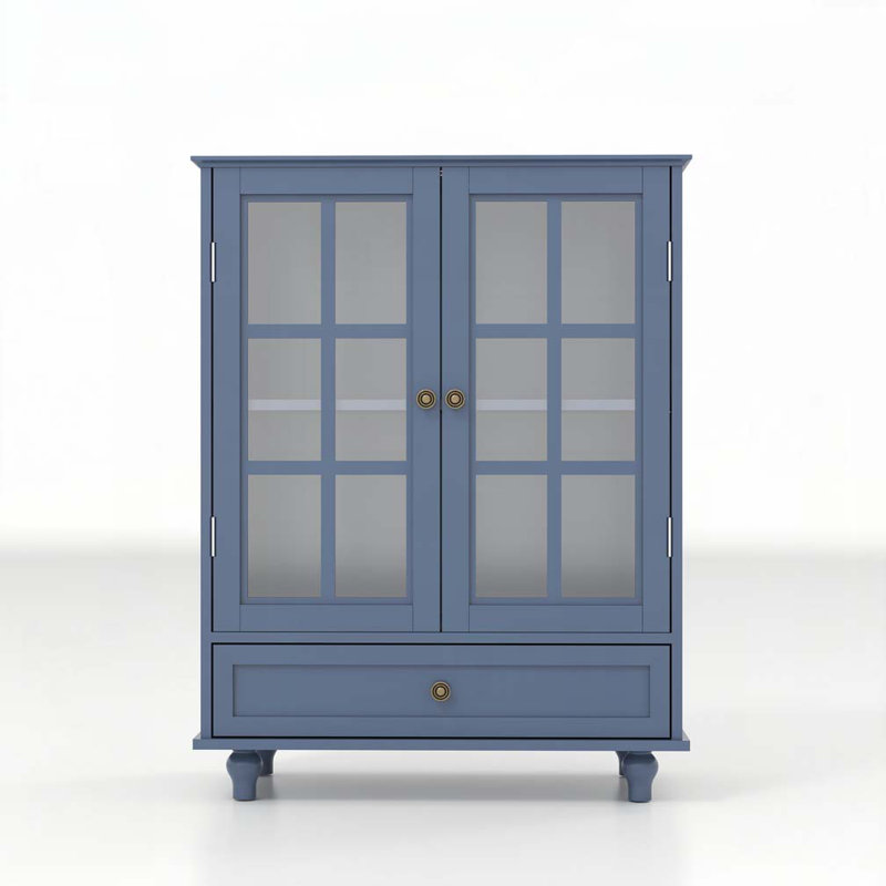Armoire de rangement avec portes doubles en verre et tiroir, Bleu