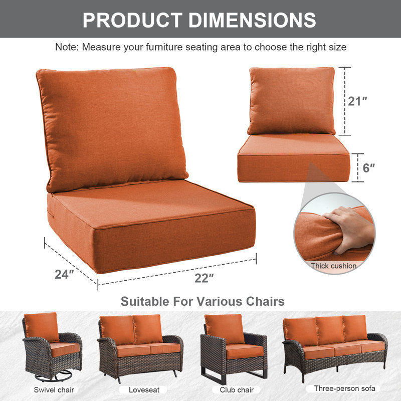 Allo 24"X22"X6" Patio Thick Cushions & Pillows Set - Deep Seat Indoor/Outdoor Water & Fade Resistant, 6, Orange