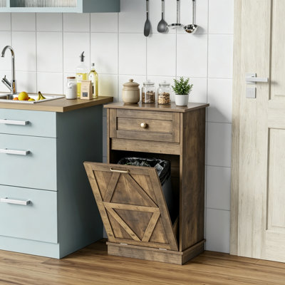 Meuble à poubelle basculant de 52 cm de large avec tiroir de rangement, meuble à poubelle dissimulé autoportant pour cuisine et buanderie, blanc/brun