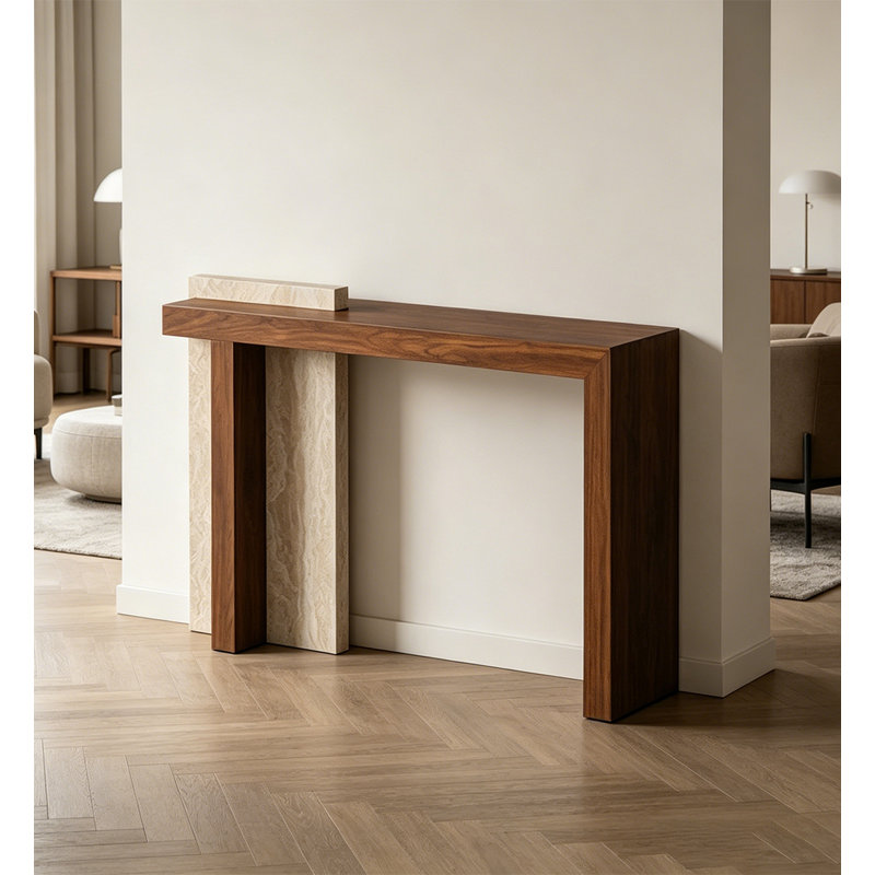 Console en bois massif Contemporary, H 33,5 po x l 47,2 po x P 13,8 po, Brun/beige, Brun, Beige