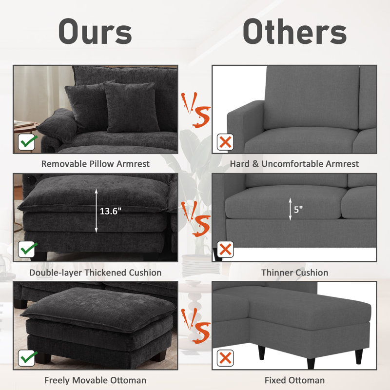 Oversized Sofa With Movable Ottoman For Living Room, Grey