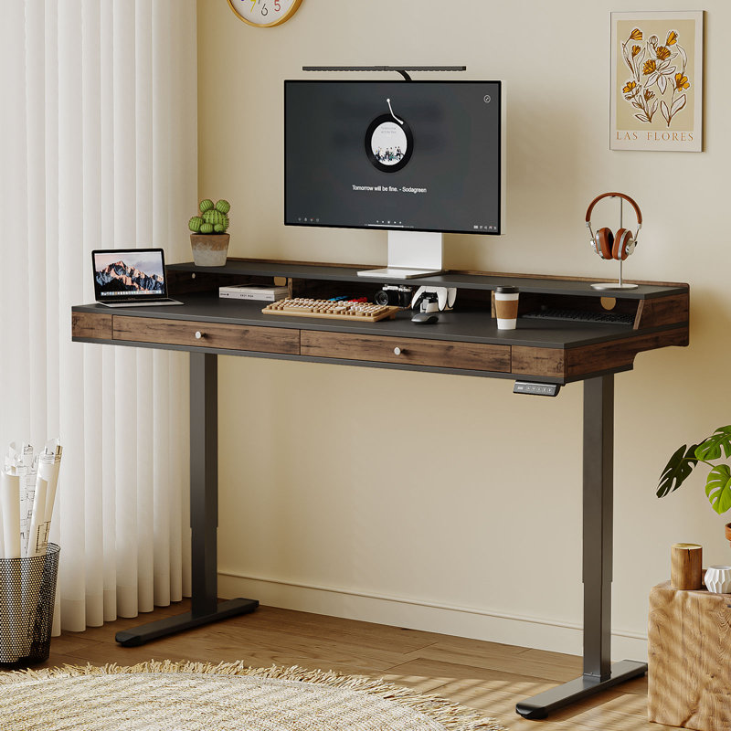 Bureau électrique à hauteur ajustable électrique avec tiroirs, contrôleur de mémoire et support pour écran ergonomique