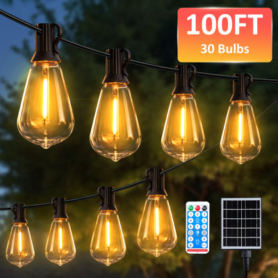 100Ft Solar Powered Outdoor String Lights With Remote And 30 Shatterproof Led Bulbs, Waterproof, Warm White, Usb Rechargeable