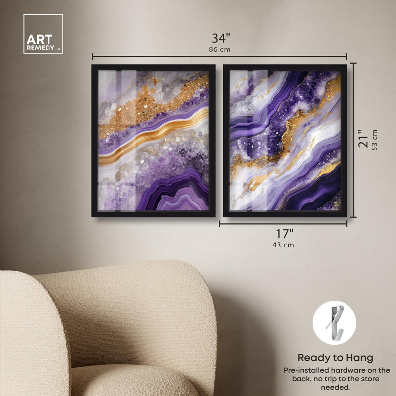 Ensemble de 2 décorations murales en agate glamour à motif géométrique de luxe par Art Remedy, cadre noir, 17 x 21