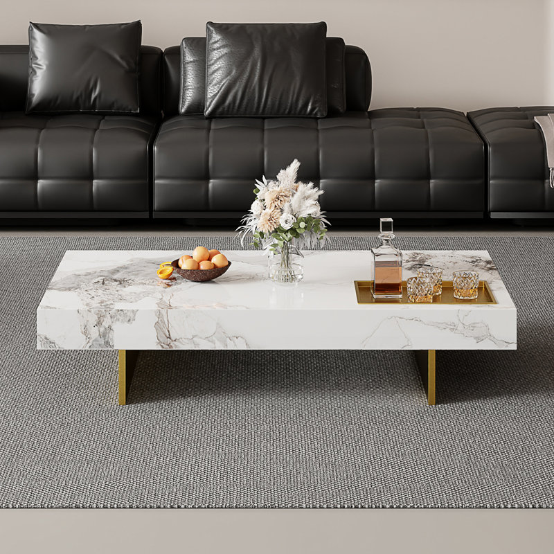 Modern Faux Marble Coffee Table with Gold Metal Legs - 51.2" Rectangular Contemporary Living Room Center Table, Stylish Elegant Home Decor Furniture