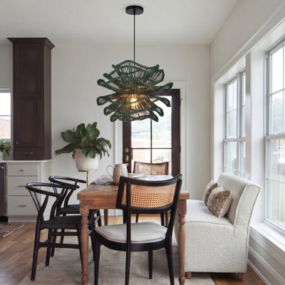 Green Woven Rattan Pendant Light, Modern Boho Hanging Ceiling Light for for Dining Room Kitchen Island Bedroom