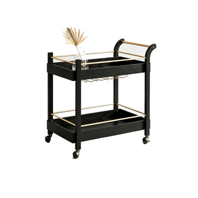 30.71" Vintage Black Solid Wood Double-Tier Metal Bar Cart, Wheeled Movable Wine Storage & Display Side Table