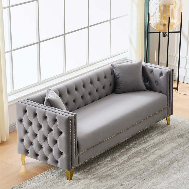 Velvet sofa with Button Nailhead, Gray