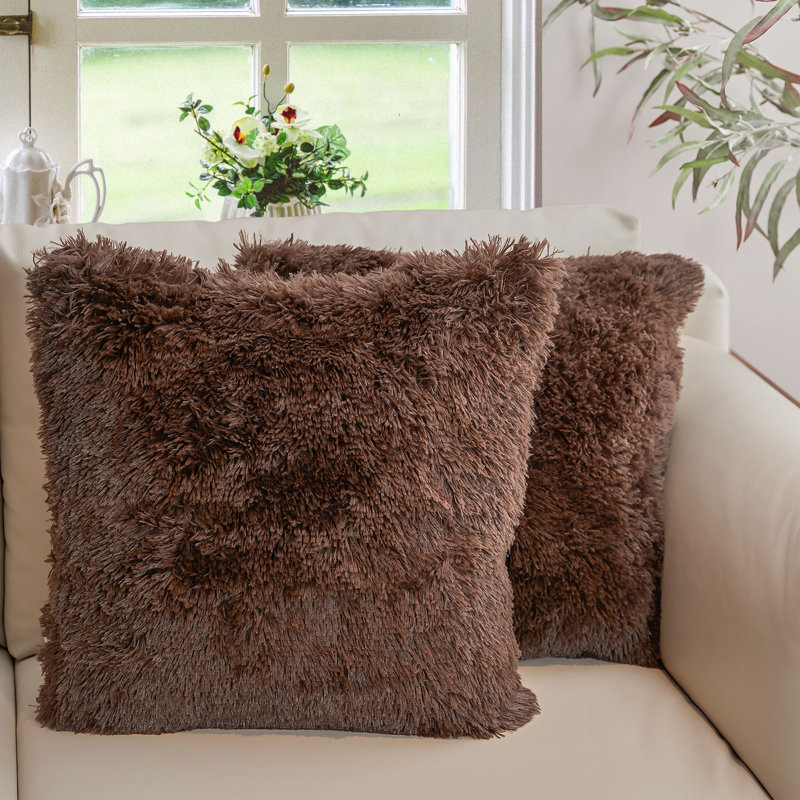 Chocolate Faux Fur Shaggy Throw Pillows Set of 2, 18" x 18"