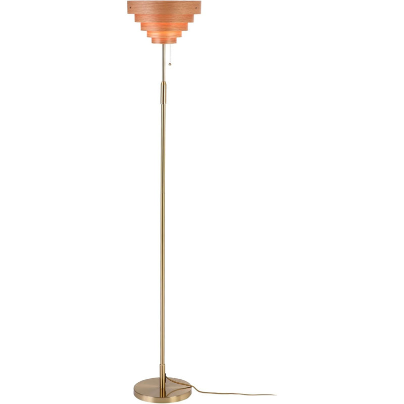Modern Wooden Layered Lampshade, E26 Socket, Pull Chain Switch, Metal Base, Standing Lamp for Living Room, Bedroom (bulb not included)