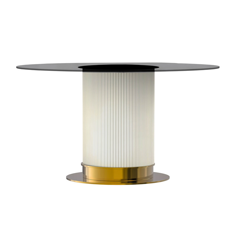 Murtis Round Glass Top Metal Base Dining Table, Light Black, 29.5" x 60" W x 60" D