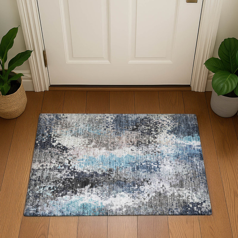 Premium Machine Washable Mayfield AMF2242 Abstract Rug, 1'8" x 2'6", Denim