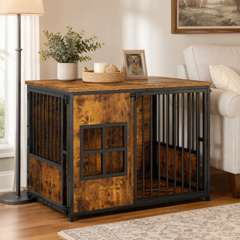 Grand meuble en bois pour cage de chien avec loquets de sécurité et plateau spacieux