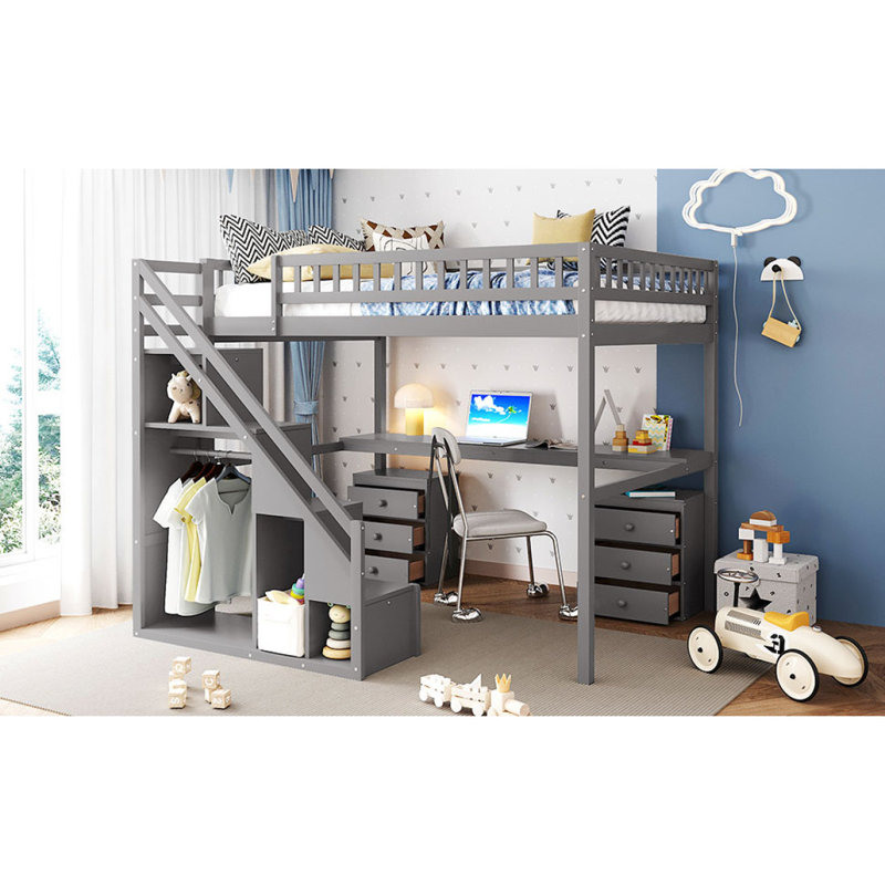 Lit mezzanine double avec commode, bureau et bande lumineuse, gris, Gris