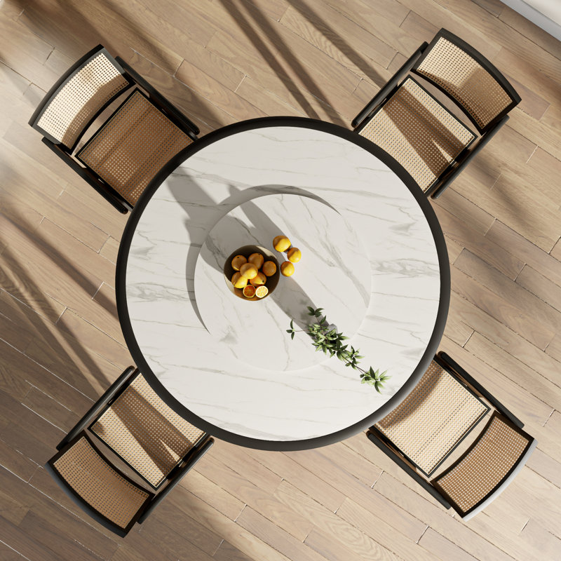 Luxury Modern 4-seater Round Solid Wood Base Dining Table With Lazy Susan