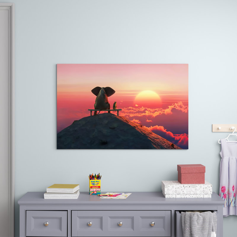 Elephant And Dog Sit On A Mountain Top At Sunset by Mike Kiev - Wrapped Canvas Print, 101.6 cm H x 66.04 cm W x 1.91 cm D