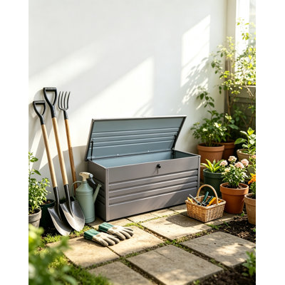 72.83" Metal Outdoor Deck Box, 260 Gallon Waterproof Patio Storage with Lockable Lid and Extra Seating for Backyard, Light Gray
