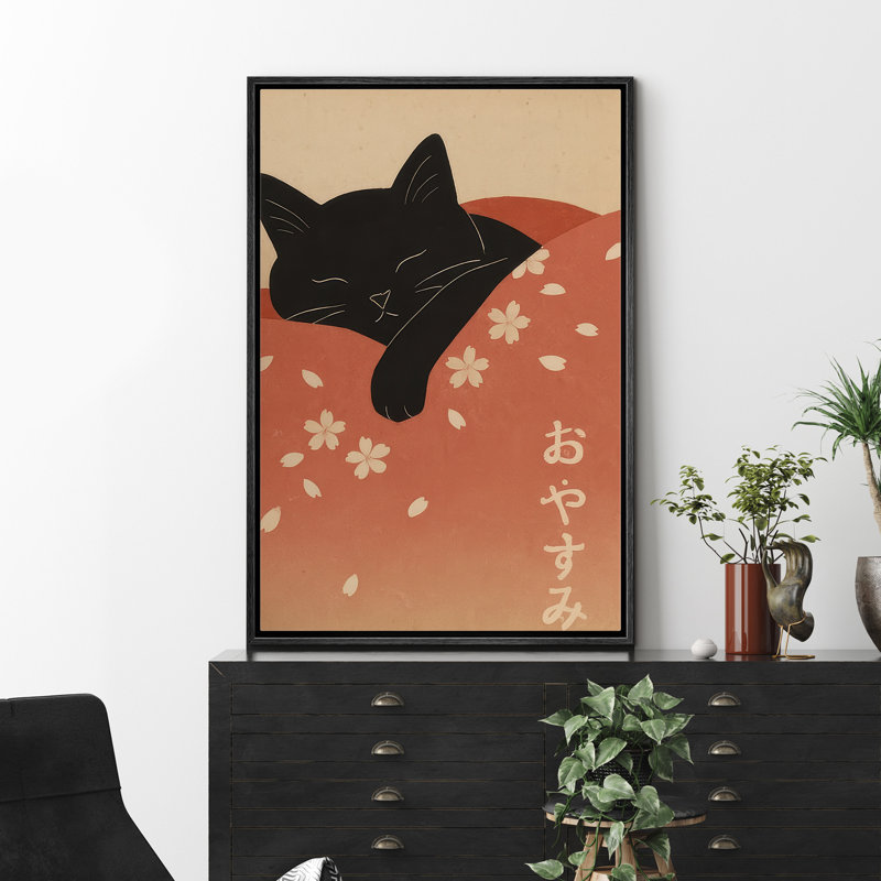 «Black Cat Sleeping on Cherry Blossom», reproduction d'art sur toile encadrée, H 36 po x l 24 po x P 1,5 po, Structure noire