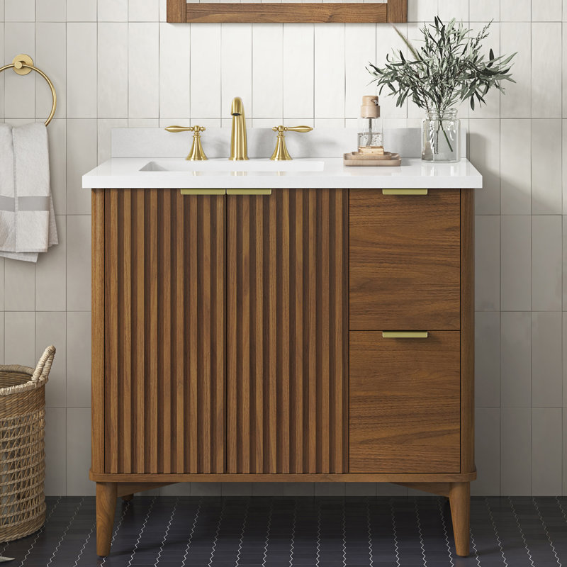 Leileen 35.98'' Single Bathroom Vanity with Engineered Marble Top, Brown, Brushed Gold