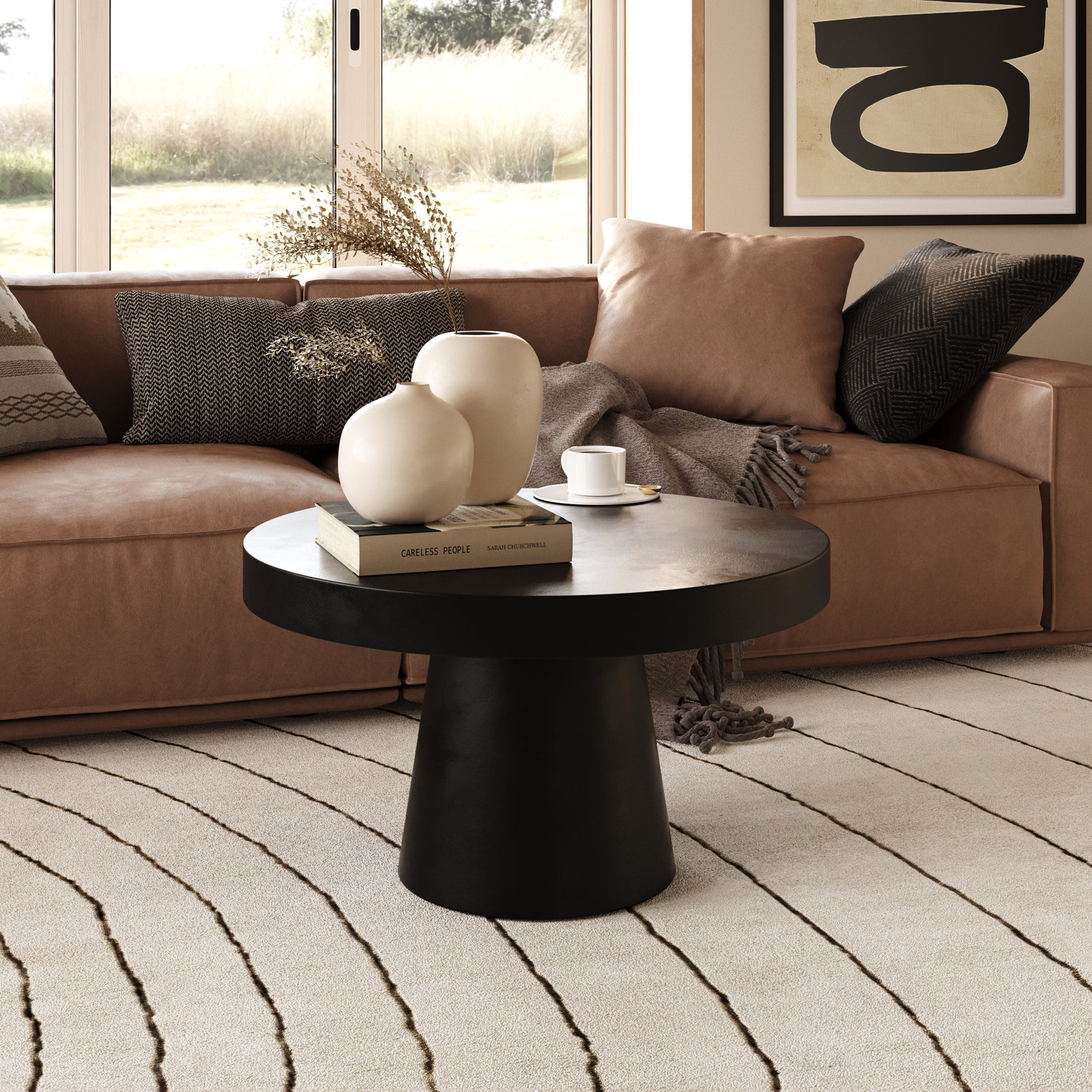 Prevelly 27" Concrete Round Coffee Table, Black