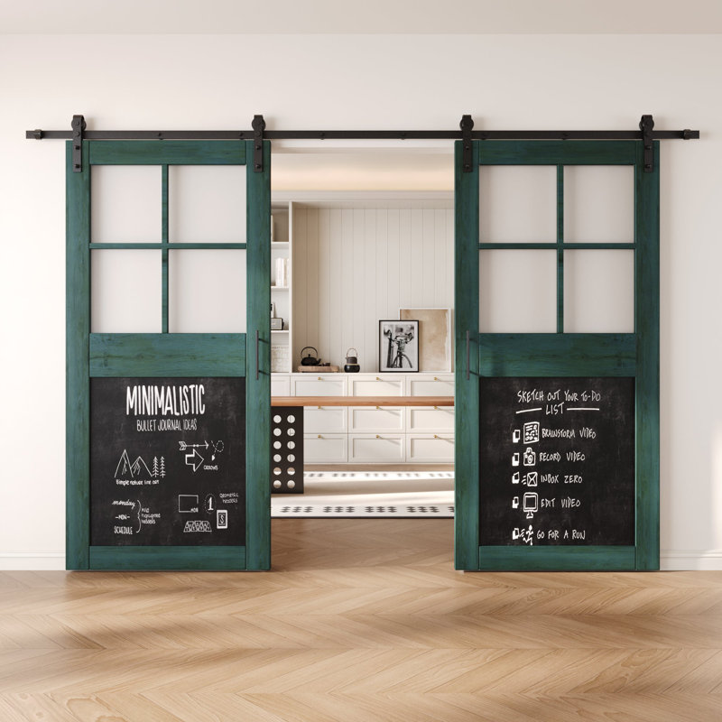 Portes de grange non assemblées et finies de style tableau noir 30 po x 84 po Homquer Royal Pine double avec quincaillerie d'installation sans dérivation, rail de 11 pi, utilisation intérieure seulement
