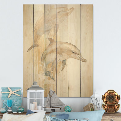Beige et or, dauphin «Happiness I» - Art mural en bois de dauphin sur bois de pin naturel