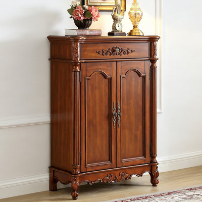 31.5" Vintage Solid Wood Tall Shoe Cabinet, Carved Double Door Entryway Storage Cabinet