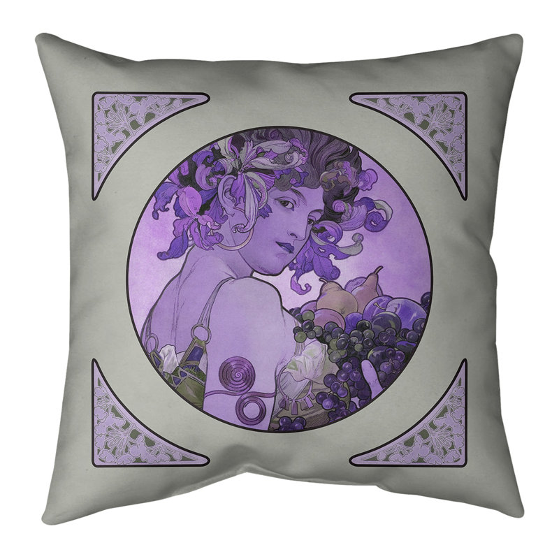 Housse et insert de coussin à motif de fruits Alphonse Mucha, Bourre en polyester, 18 po x 18 po, Mauve