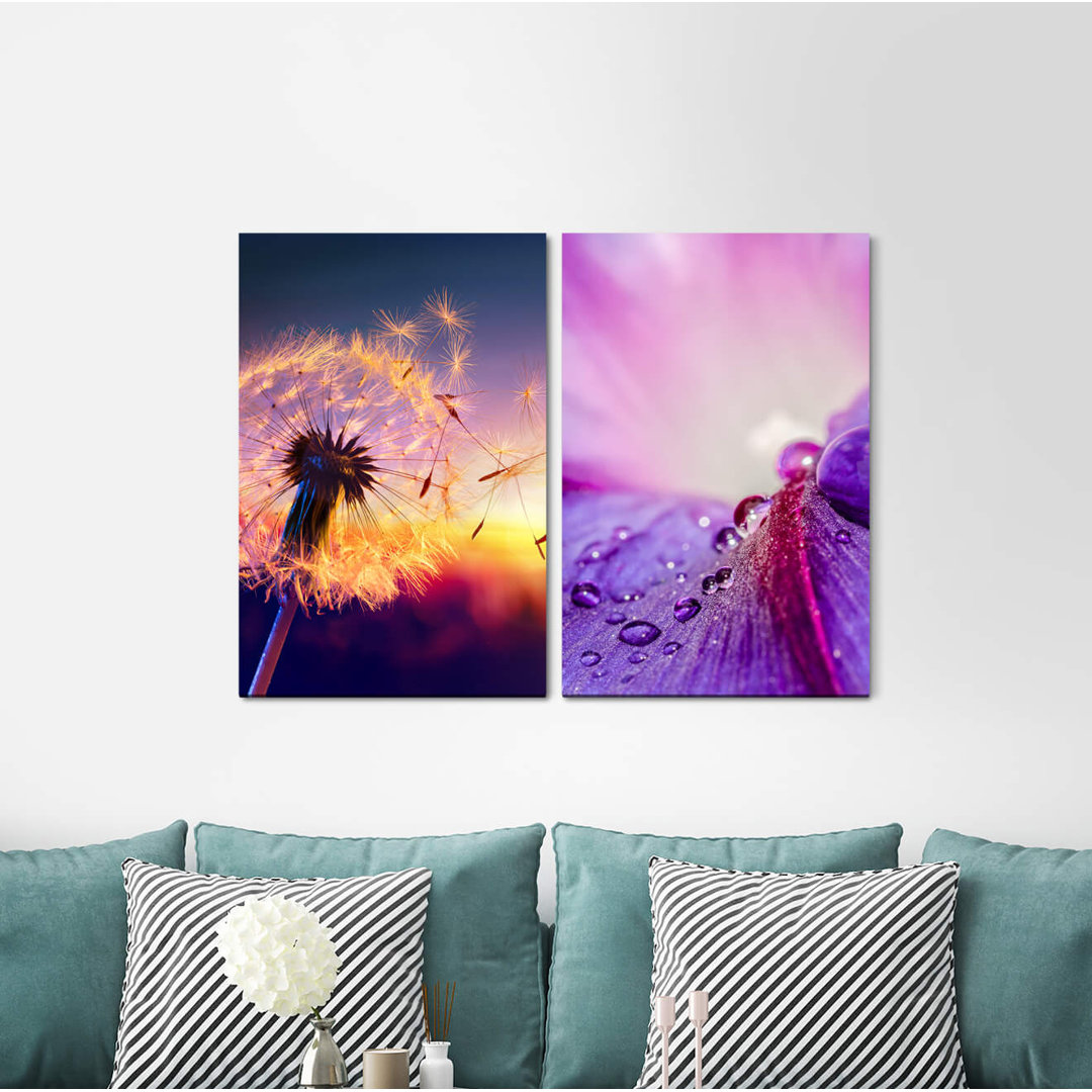 2-tlg. Leinwandbilder-Set - Grafikdruck „Dandelion Sun Rays Raindrops Flowers Summer Warm”