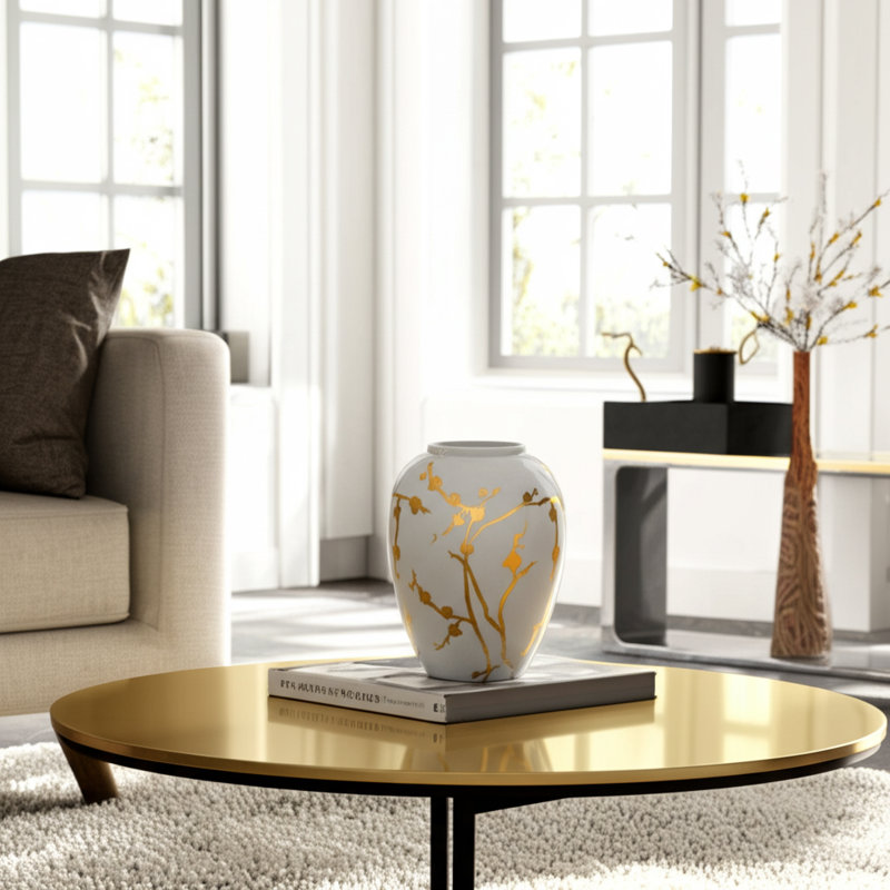10" Gold Branches Vase, White