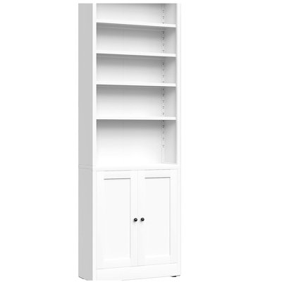 Metal Bookcase, 71 Inch Tall 5-Tier Bookshelf with Door, Industrial White Bookshelf with Adjustable Shelves