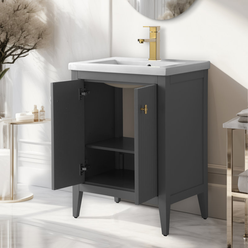 Ensemble de meuble-lavabo sur pied lavabo simple 24 po avec plateau en céramique blanche, Doré brossé, 24"