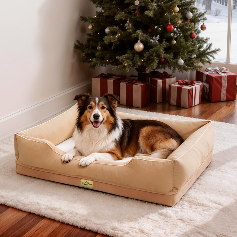 Orthopedic Dog Bed with Bolster , Beige, XL (21cm H x 105cm W x 75.5cm D)