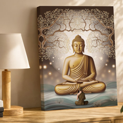 Toile, scène sereine représentant un grand Bouddha doré, art mural assis dans une pose méditative entourée d'un halo radiant