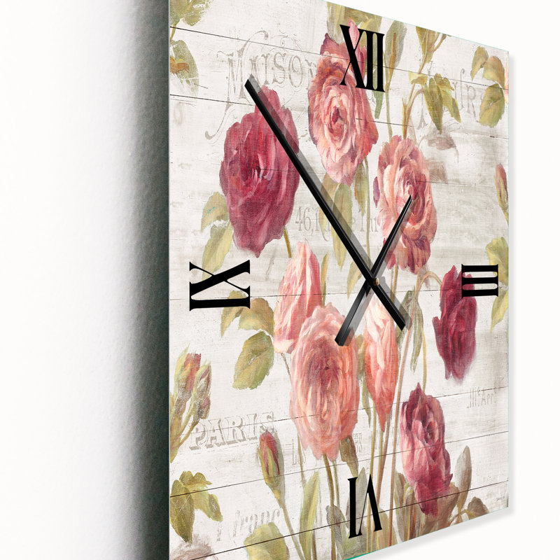 French Roses I - Horloge murale florale en métal, Petit