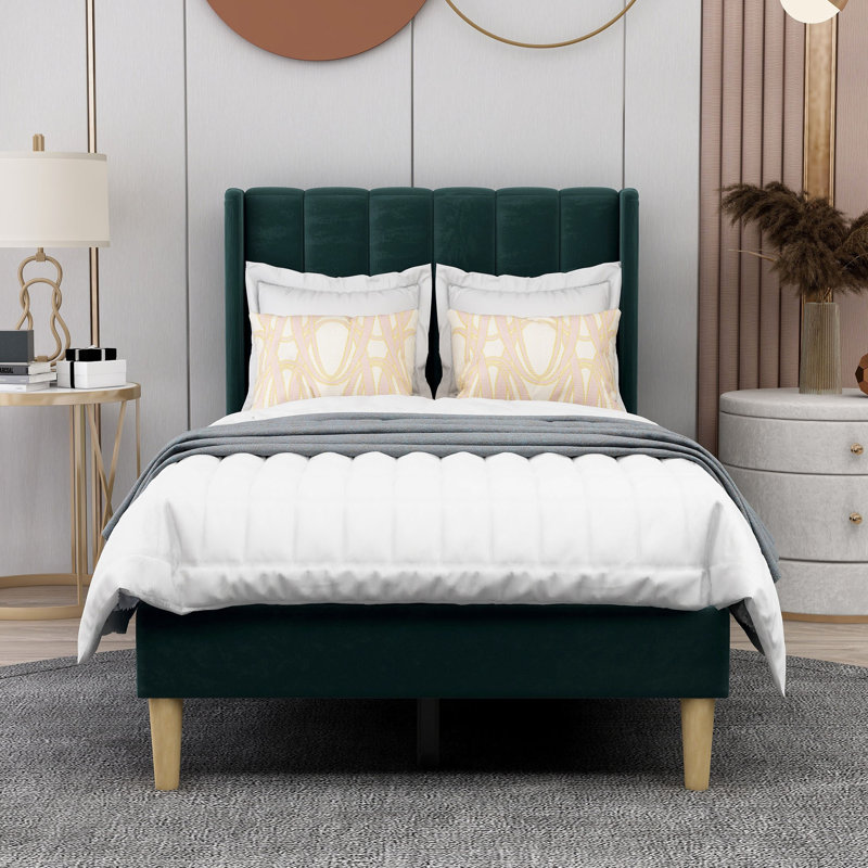 Eriksay Low Profile Upholstered Platform Bed with Wingback Headboard, Twin, Ink Green Velvet B
