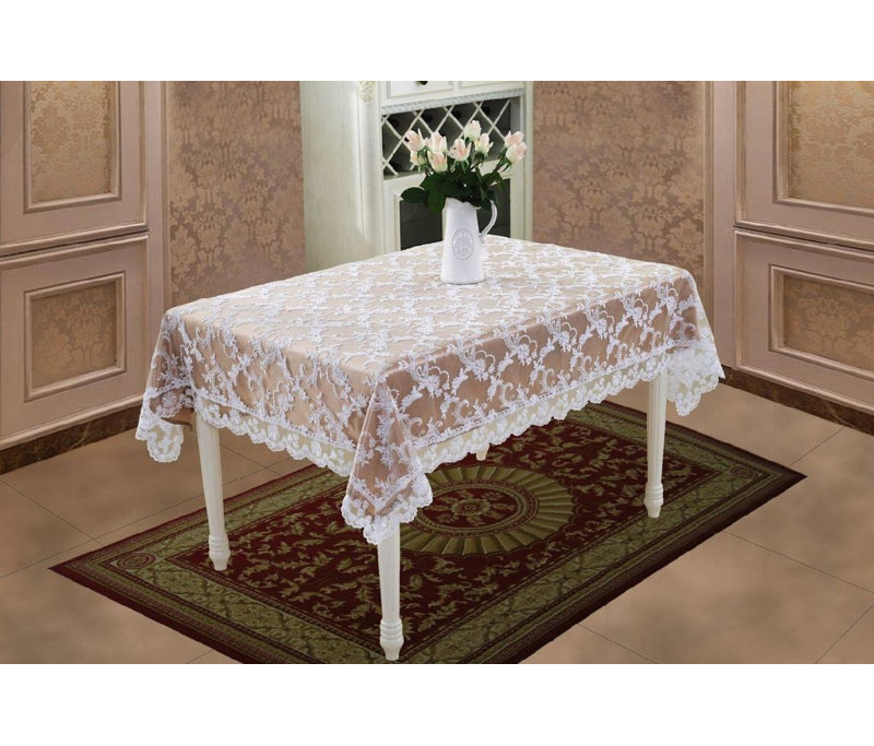 Bridal Royal Lace Embroidered Flower Tablecloth, Cream, 88" L x 60" W