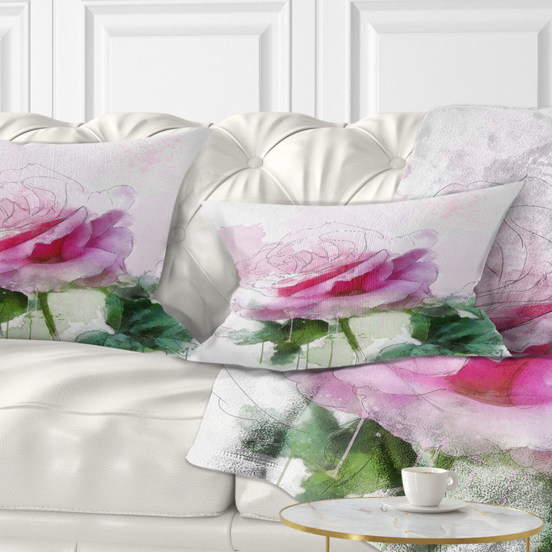 Pink Rose Sketch with Green Leaves - Floral Printed Throw Pillow