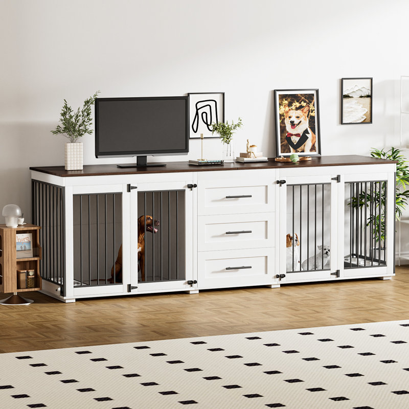 Cage pour chien en bois avec 3 tiroirs et 2 bols pour chien, Brun foncé / blanc