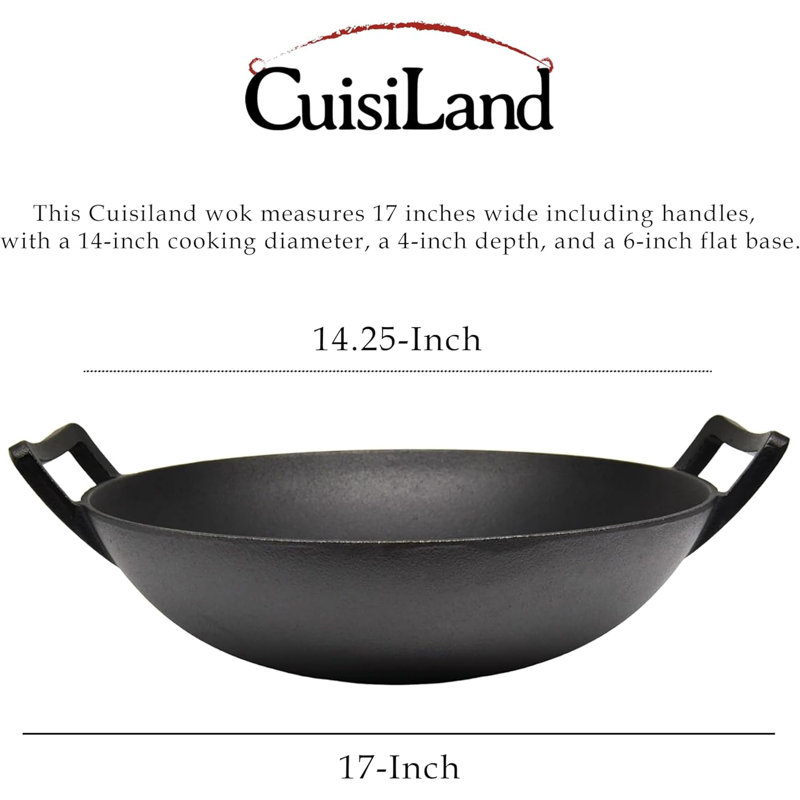 Wok en fonte pré-assaisonné de 14,25 po avec deux poignées plates Cuisiland, 12"