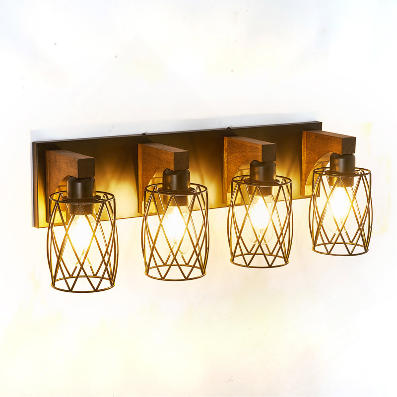 Applique murale de salle de bain 4 lumières en bois rustique et en métal noir avec miroir, H 8,5 po x l 24,33 po x P 10 po