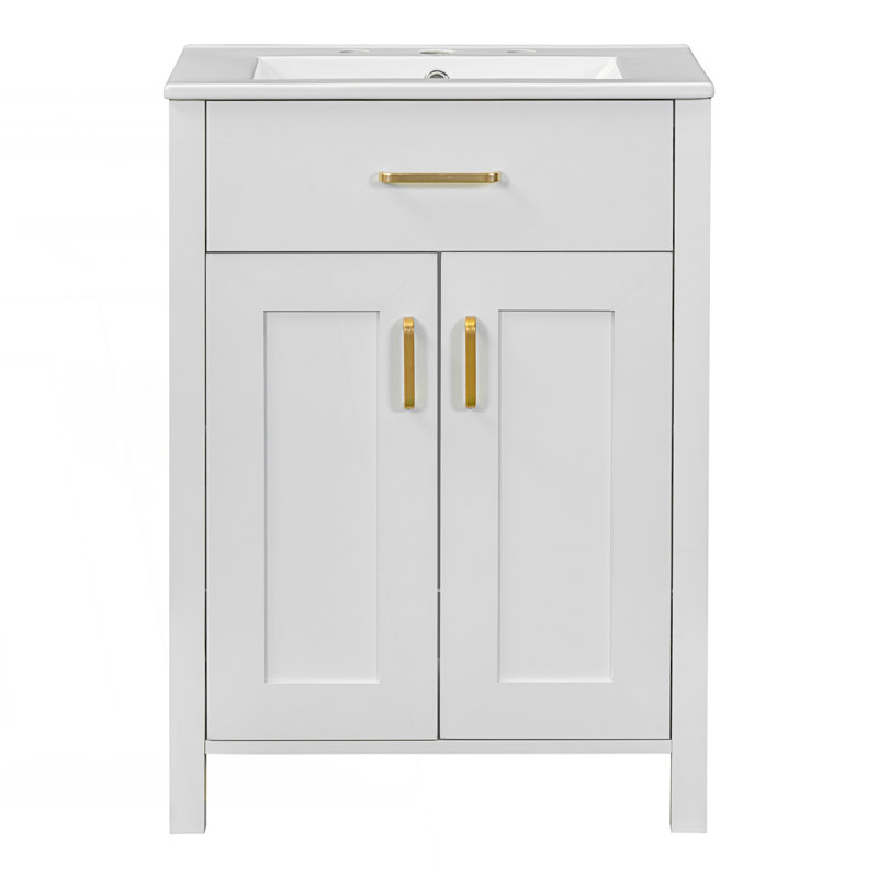 Meuble-lavabo moderne avec lavabo en céramique, portes à fermeture en douceur et tiroir rabattable, Blanc