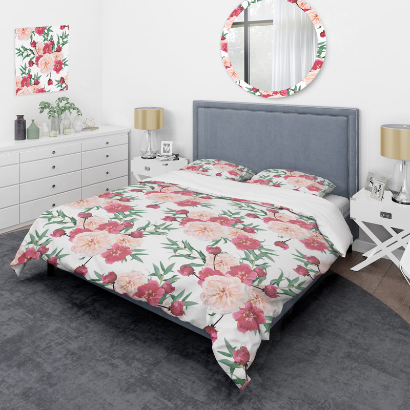 Roses roses et feuille verte - ensemble de housse de couette floral - microfibre de polyester