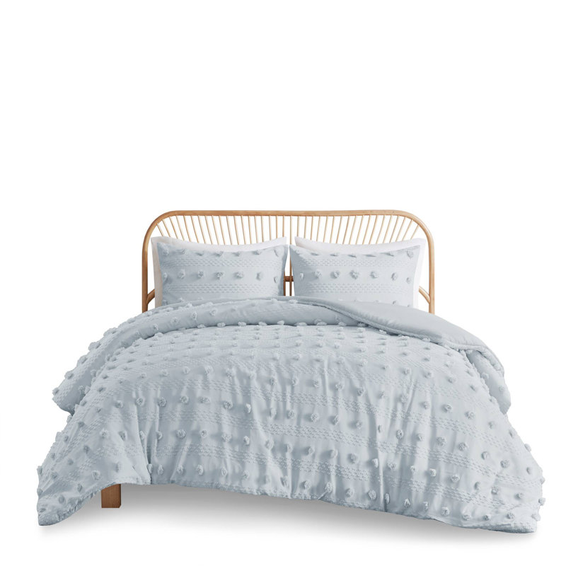 Blue Clip Jacquard Twin/Twin XL Duvet Cover Set with Pompom Accents