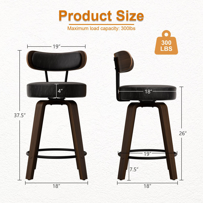 Swivel Counter Height Bar Stools Set of 2, Faux Leather Kitchen Stools Upholstered Barstools with Back, Walnut Wood Legs, Mid Century Island Chairs Counter Stools, 26" Seat Height